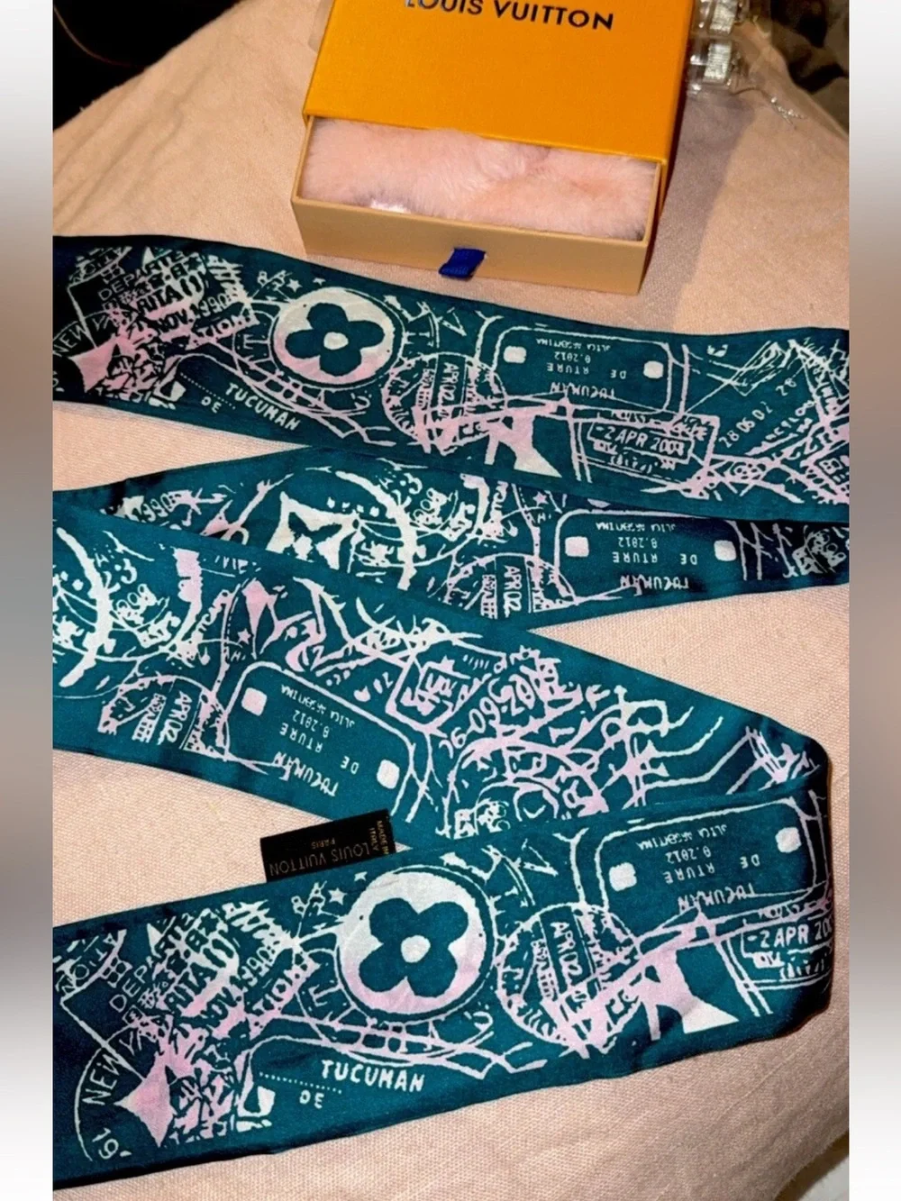 Vintage Louis Vuitton Boarding Bandeau Twilly Silk Scarf Teal & Pink Rare